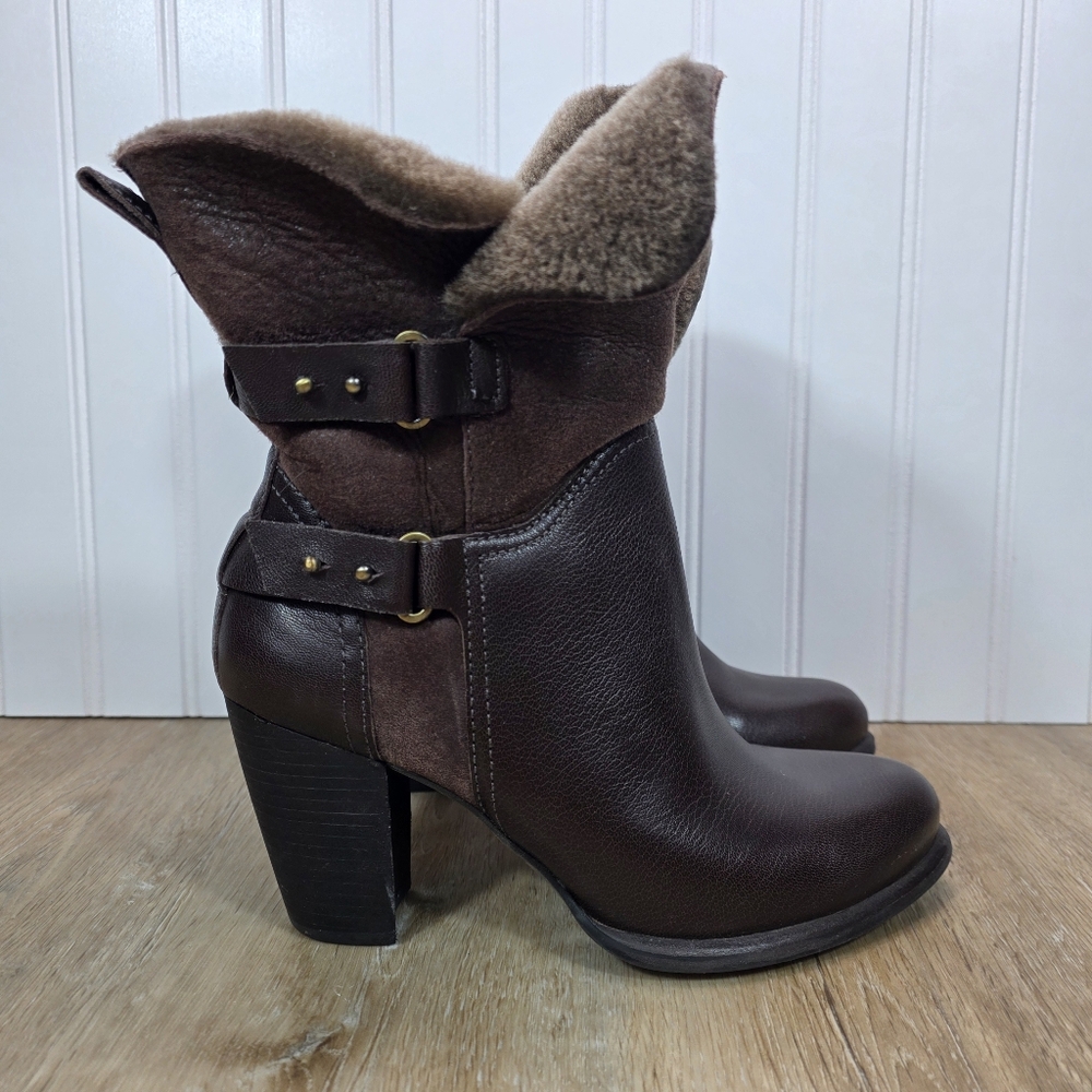 UGG Jayne Brown Leather Shearling Cuff Ankle Boots 7